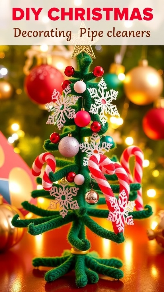 A collection of handmade Christmas decorations including a pipe cleaner tree, snowflakes, and candy canes.